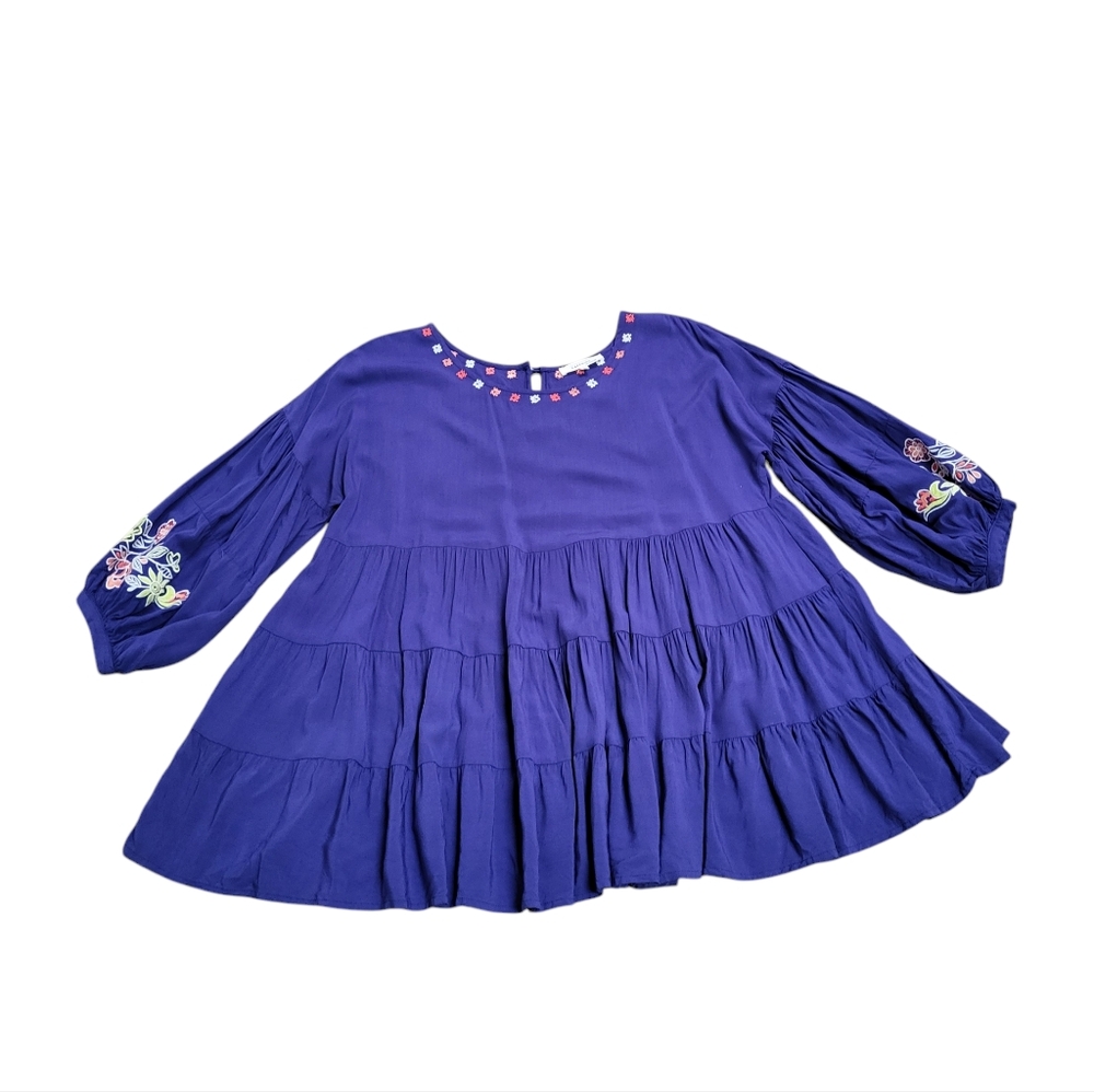 Laffaire Los Angeles Boho Embroidered Blouse Royal Blue Peasant Top Size XL